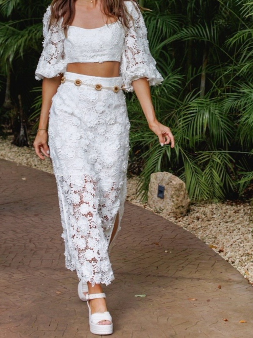 Zimmermann White Lace Midi Skirt with Tan Wood Bead Tie - Picture 4 of 6